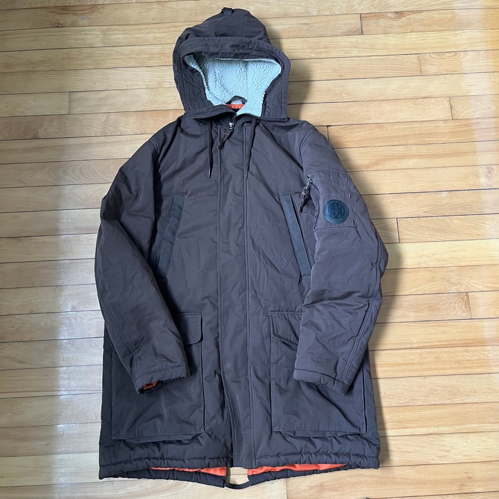 Armani Exchange Mens Hooded Parka Brown Orange Sherpa Lining Winter Coat XL